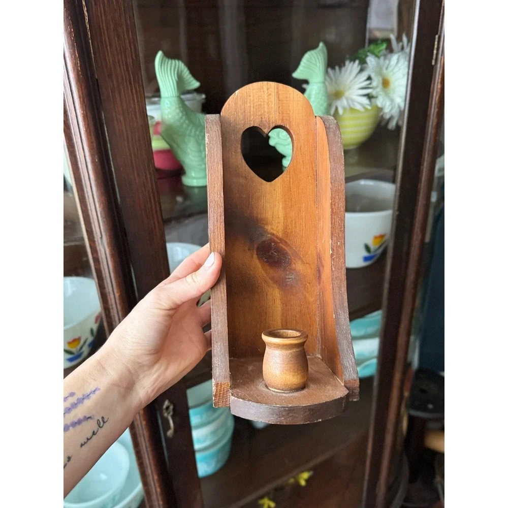 Rustic Cottage Farmhouse Wood Heart Cutout Wall Sconce Candle Holder Brown Wood